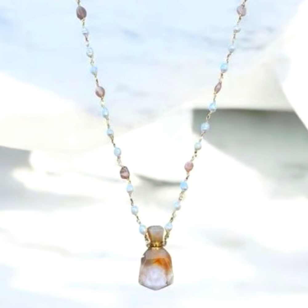NWT New Aviva Stanoff Peach Sakura Agate Bottle Freshwater Pearl Necklace